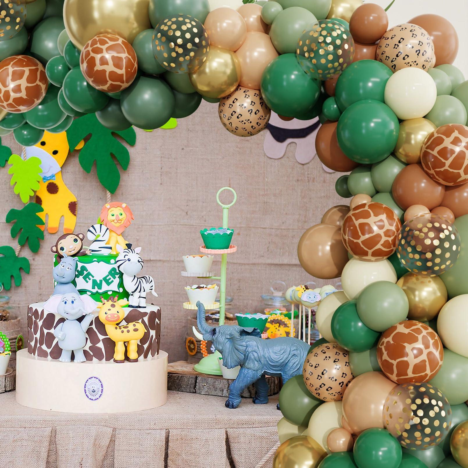 Ouddy Party 170Pcs Jungle Safari Balloons Arch Garland Kit – Sage Green & Brown Animal Print, Palm Leaves for Baby Shower & Jungle Theme