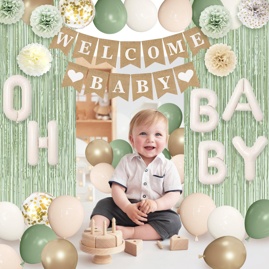 Ouddy Party Sage Green Baby Shower Decorations – Green Balloons, Welcome Baby Banner & Fringe Curtains