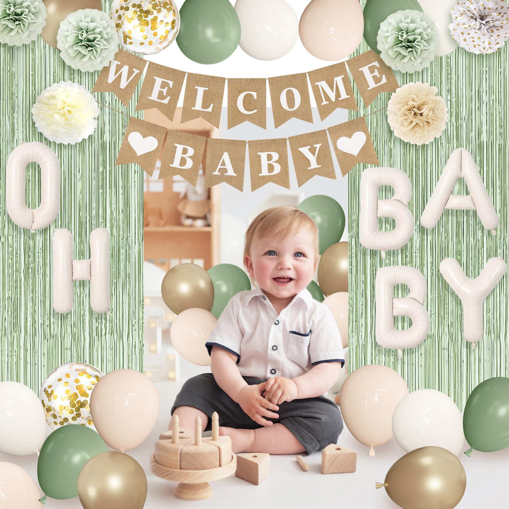 Ouddy Party Sage Green Baby Shower Decorations – Green Balloons, Welcome Baby Banner & Fringe Curtains