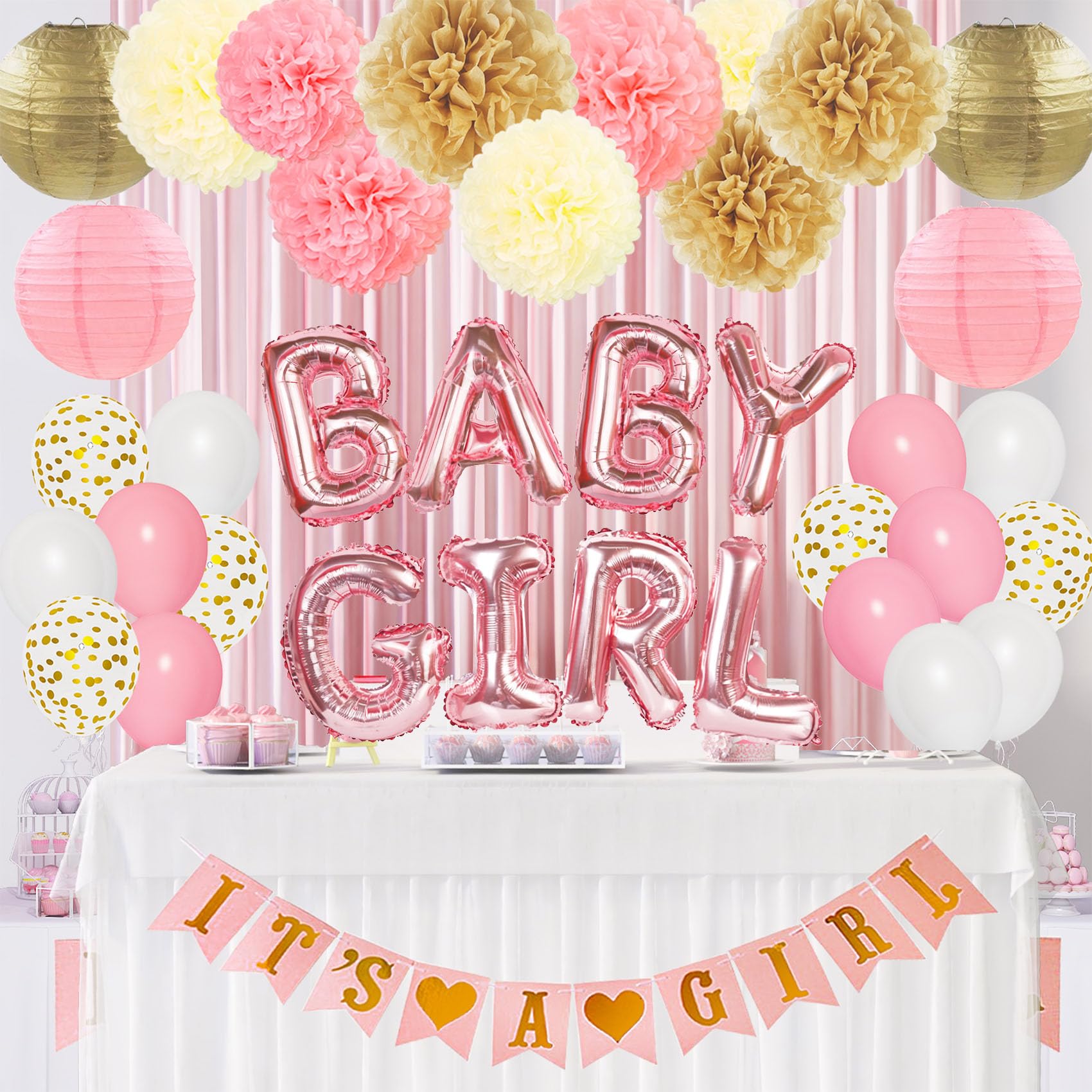 Ouddy Party Pink Baby Shower Decorations – It’s a Girl Banner, Pink Gold Balloons