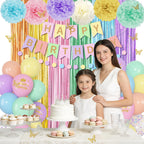 Ouddy Party Pastel Rainbow Birthday Decorations | Confetti Balloons, Fringe Curtain & Banners