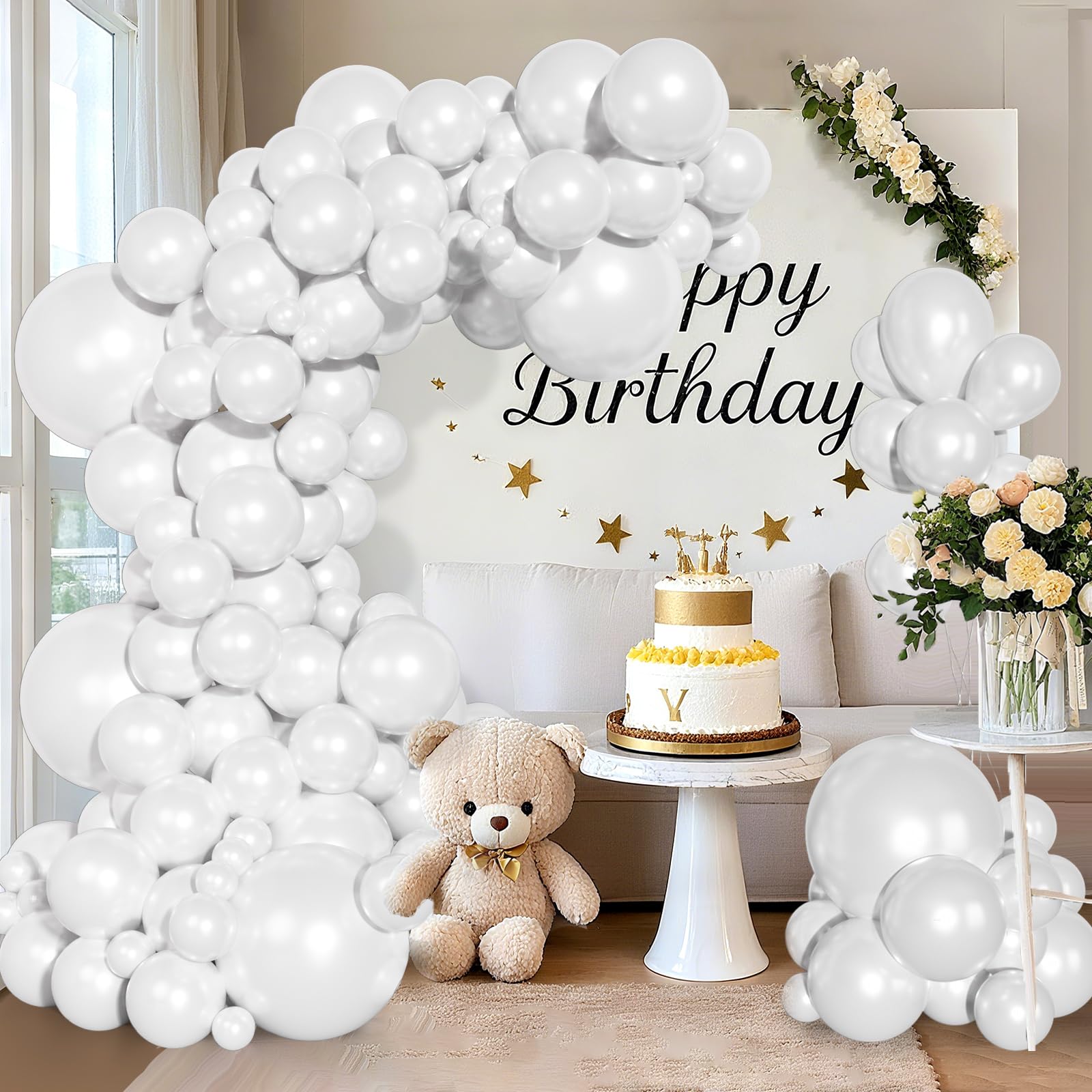Ouddy Party 129Pcs Pearl White Balloons Kit | Varied Sizes & 18in Arch Garland