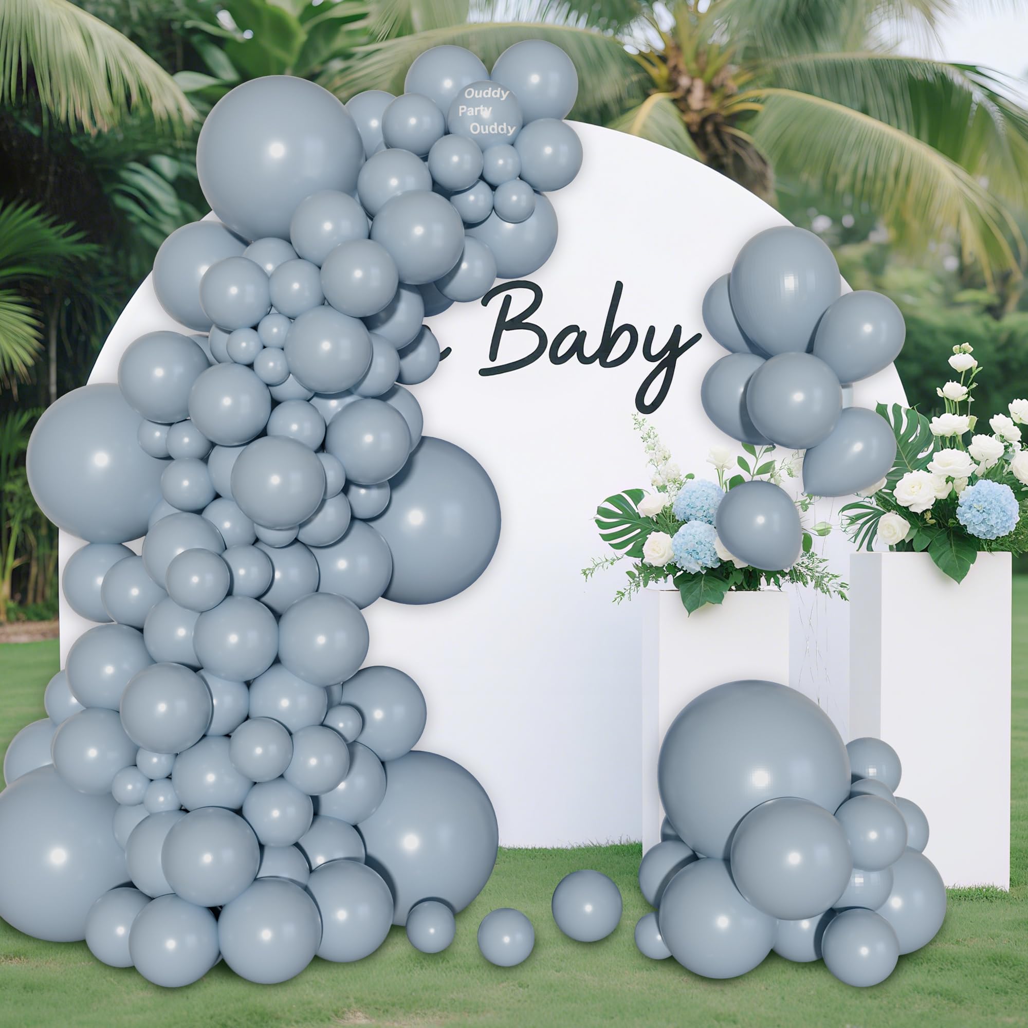 Ouddy Party 129Pcs Dusty Blue Balloon Arch Kit – 18in, 12in, 10in, and 5in Latex Balloons for Weddings & Parties