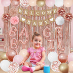 Ouddy Party Rose Gold Baby Shower Decorations – Banner, Balloons & Fringes