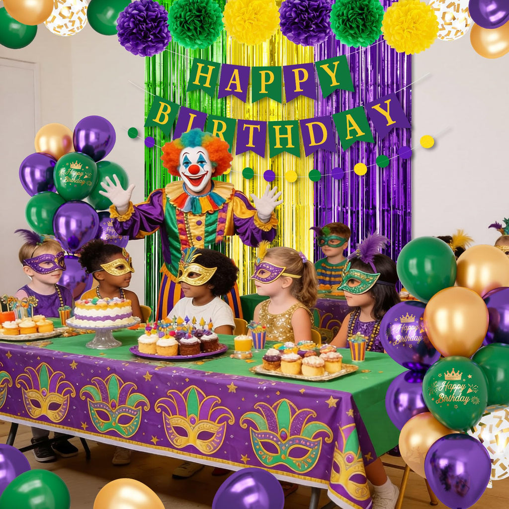 Ouddy Party Purple Green Decor Set – Confetti Balloons, Fringe Curtain & Birthday Banner