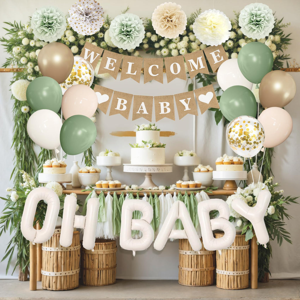 Ouddy Party Sage Green Baby Shower Decorations – Green Balloons, Welcome Baby Banner & Fringe Curtains