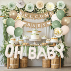 Ouddy Party Sage Green Baby Shower Decorations – Green Balloons, Welcome Baby Banner & Fringe Curtains