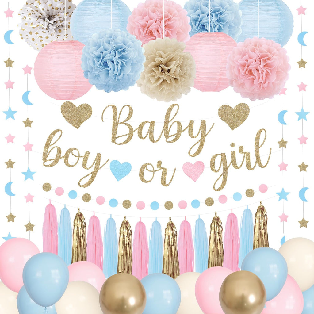 Ouddy Party Baby Gender Reveal Decorations – Pink & Blue Balloons, Banners, Garlands
