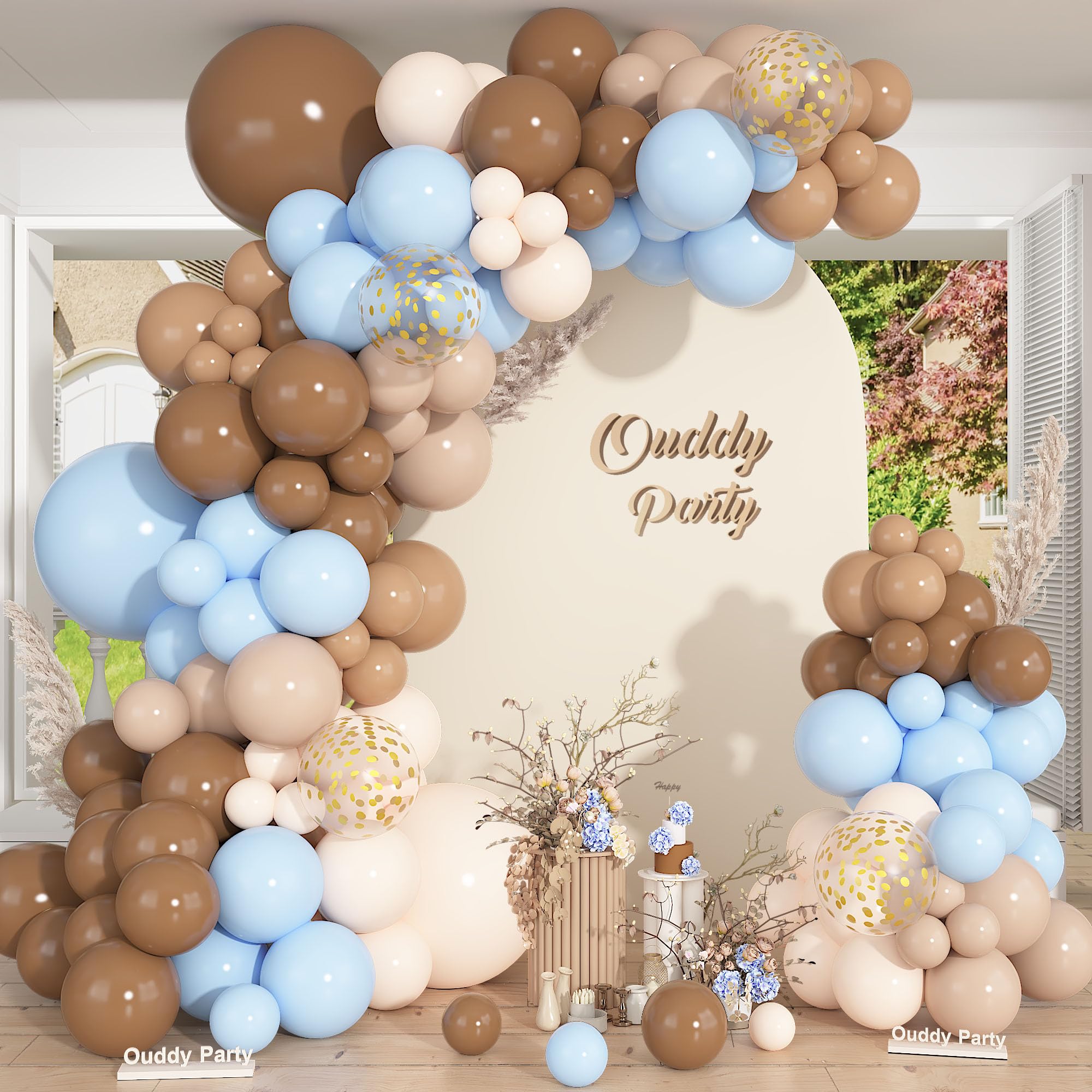 Ouddy Party Brown Coffee Blue Balloon Arch Kit 142Pcs – Boho Nude Balloons for Baby Shower & Gender Reveal