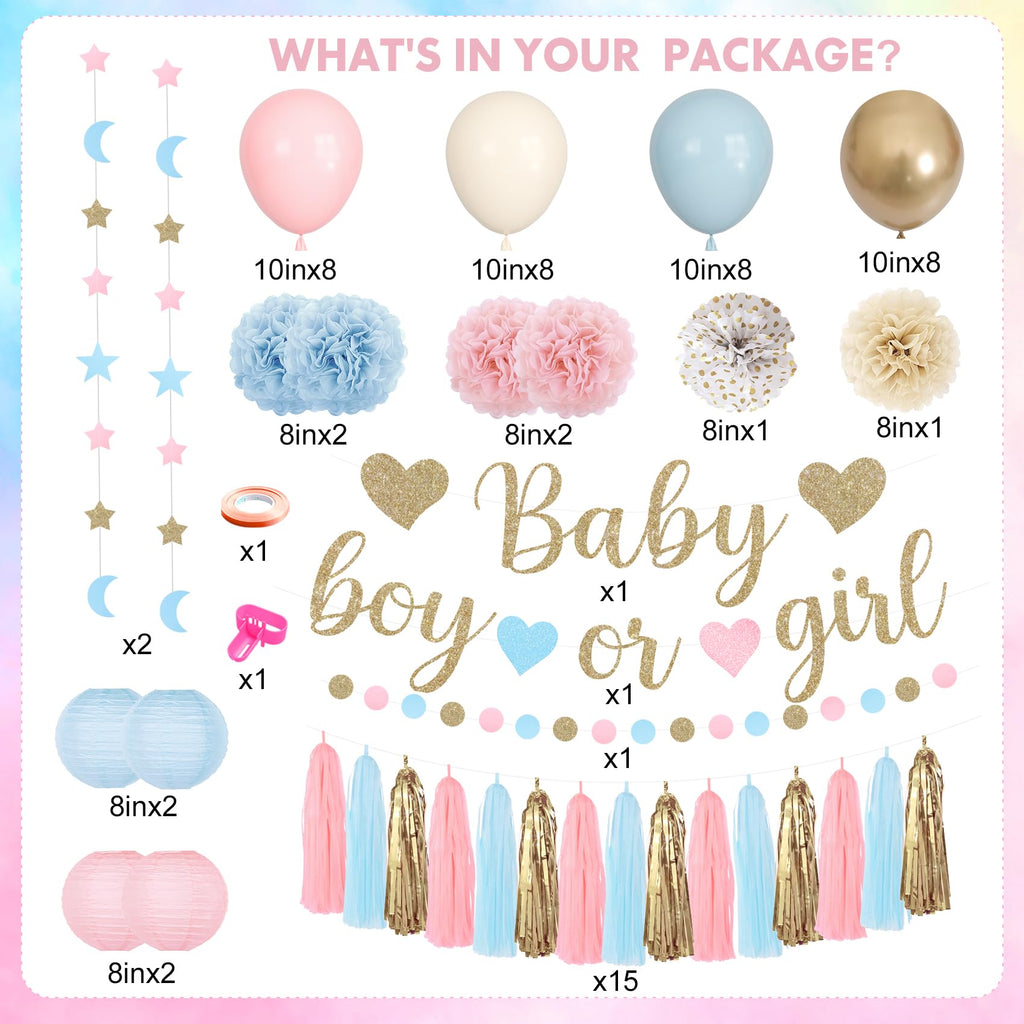 Ouddy Party Baby Gender Reveal Decorations – Pink & Blue Balloons, Banners, Garlands