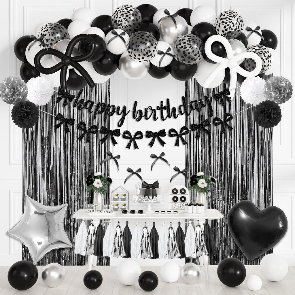 Ouddy Party Black Bow Birthday Decorations – Coquette Black & White Theme Kit