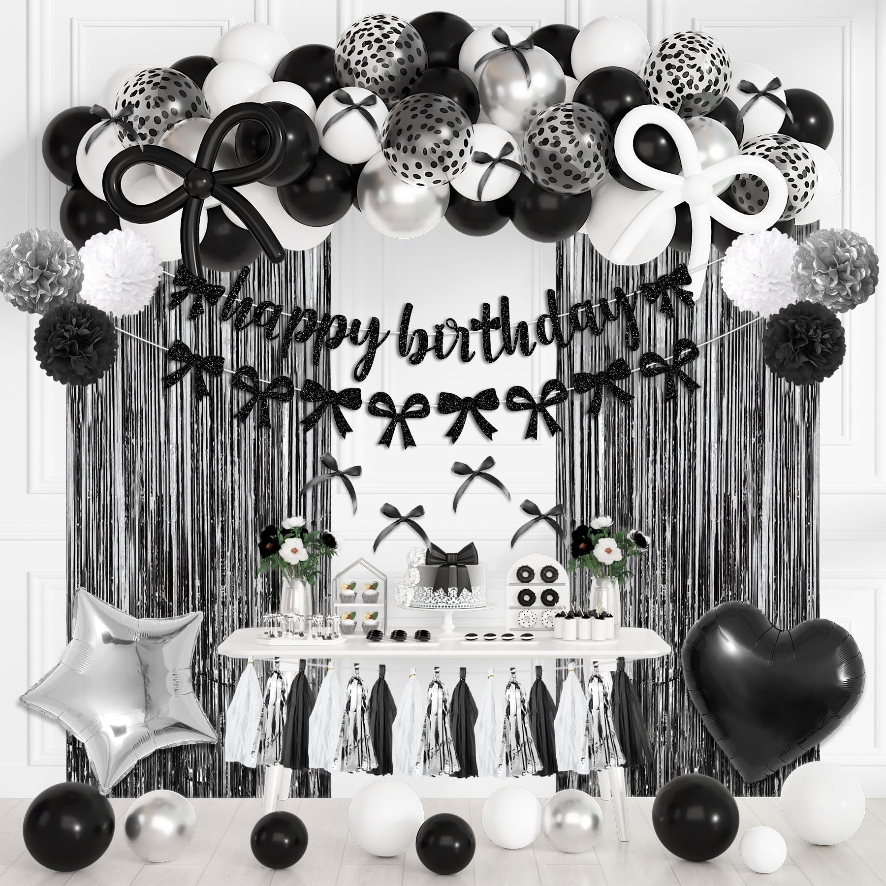 Ouddy Party Black Bow Birthday Decorations – Coquette Black & White Theme Kit