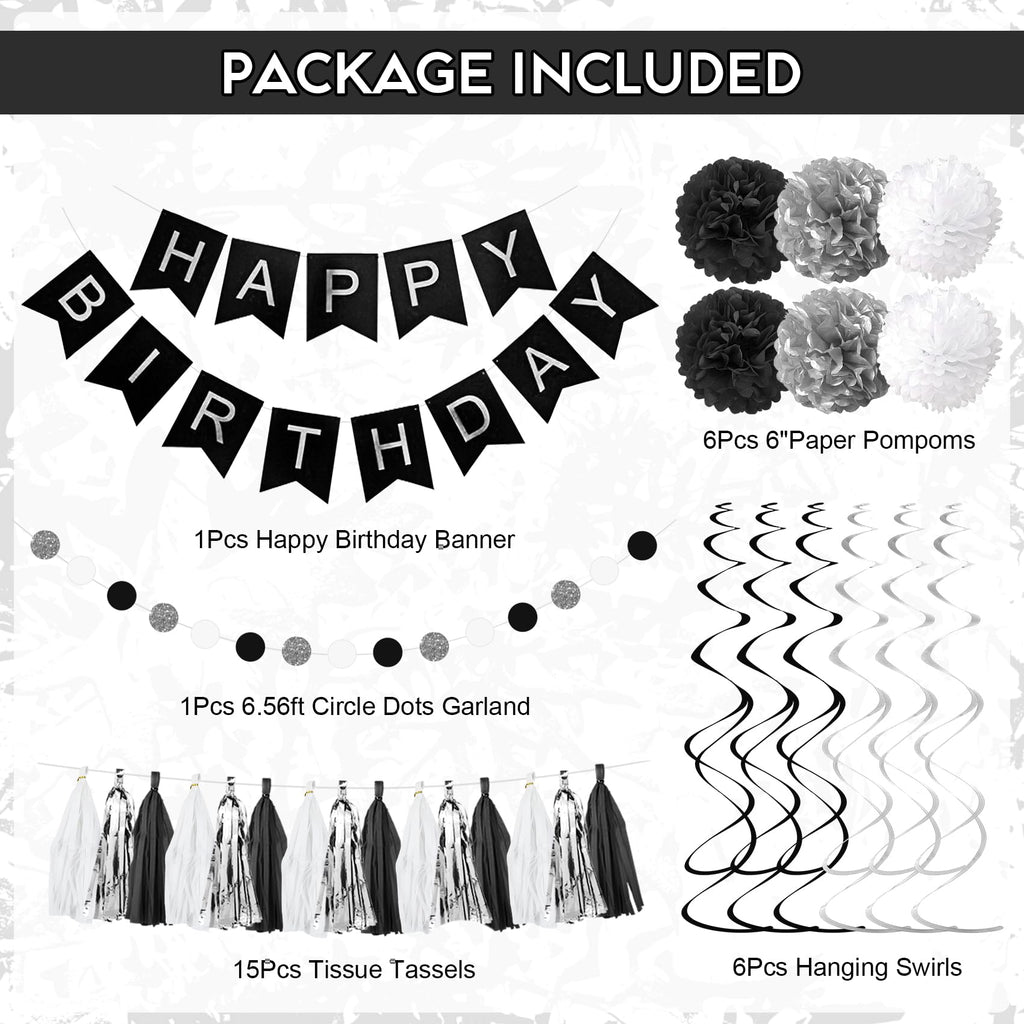 Ouddy Party Black & White Birthday Party Decorations – Balloons, Banner & Curtain Set