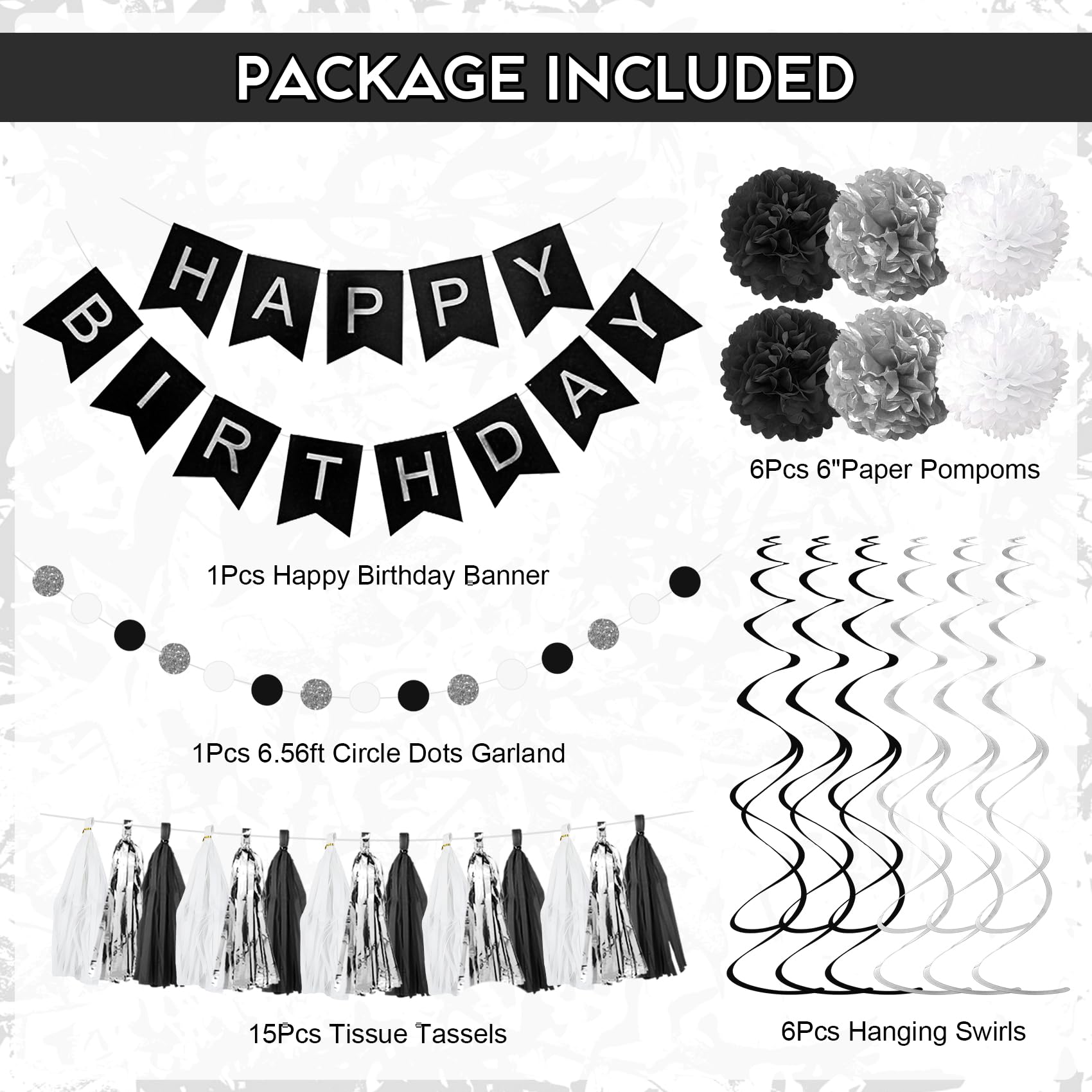 Ouddy Party Black & White Birthday Party Decorations – Balloons, Banner & Curtain Set