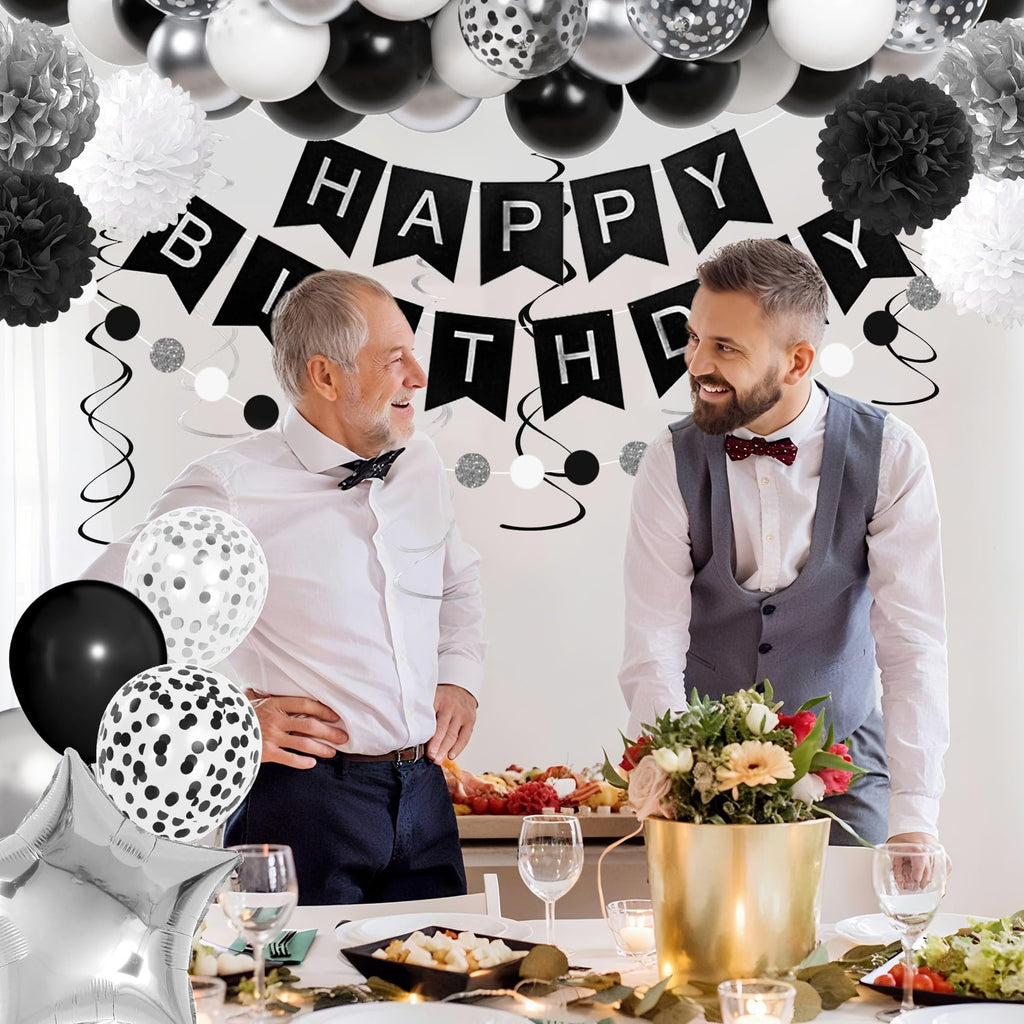 Ouddy Party Black & White Birthday Party Decorations – Balloons, Banner & Curtain Set