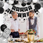 Ouddy Party Black & White Birthday Party Decorations – Balloons, Banner & Curtain Set