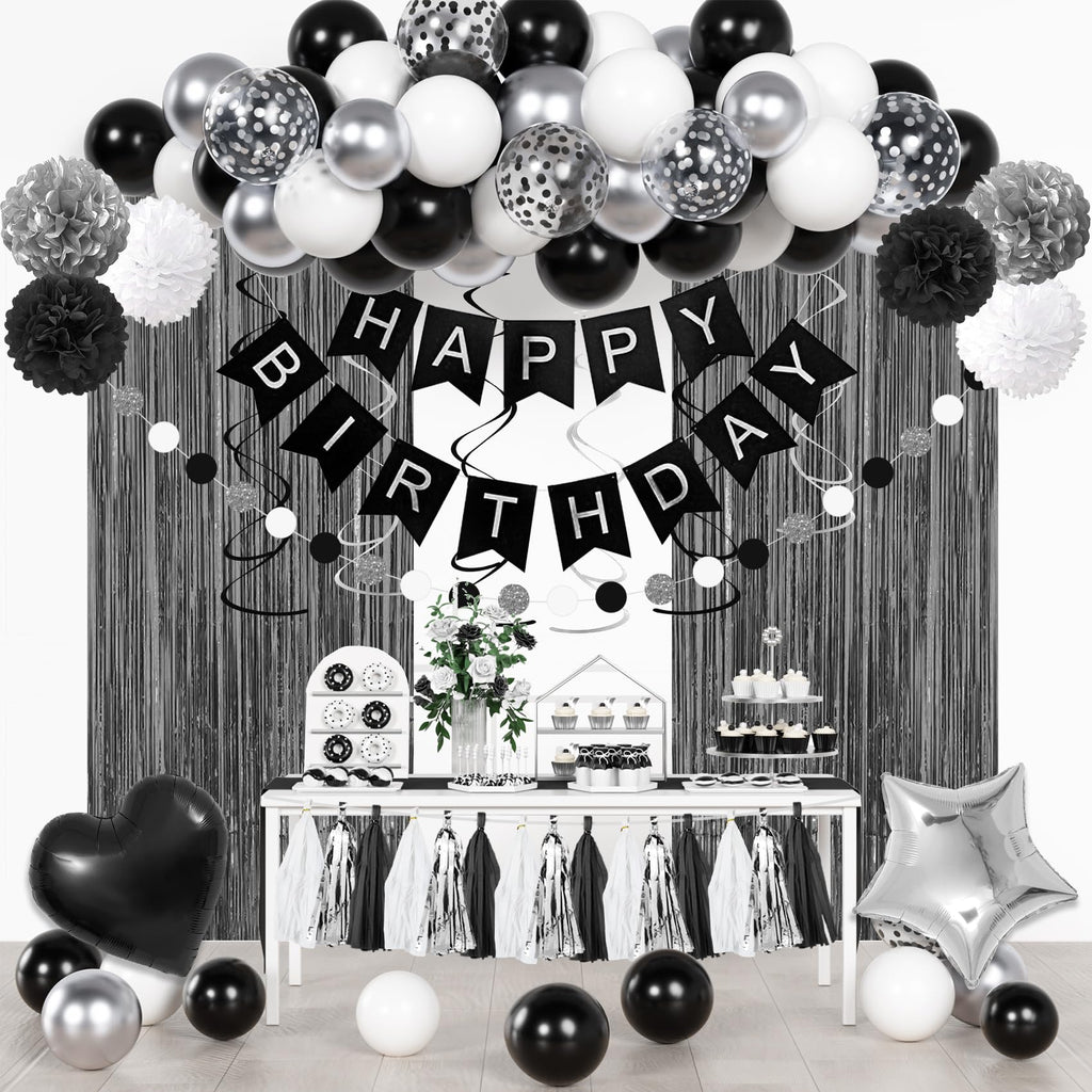 Ouddy Party Black & White Birthday Party Decorations – Balloons, Banner & Curtain Set