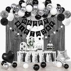 Ouddy Party Black & White Birthday Party Decorations – Balloons, Banner & Curtain Set