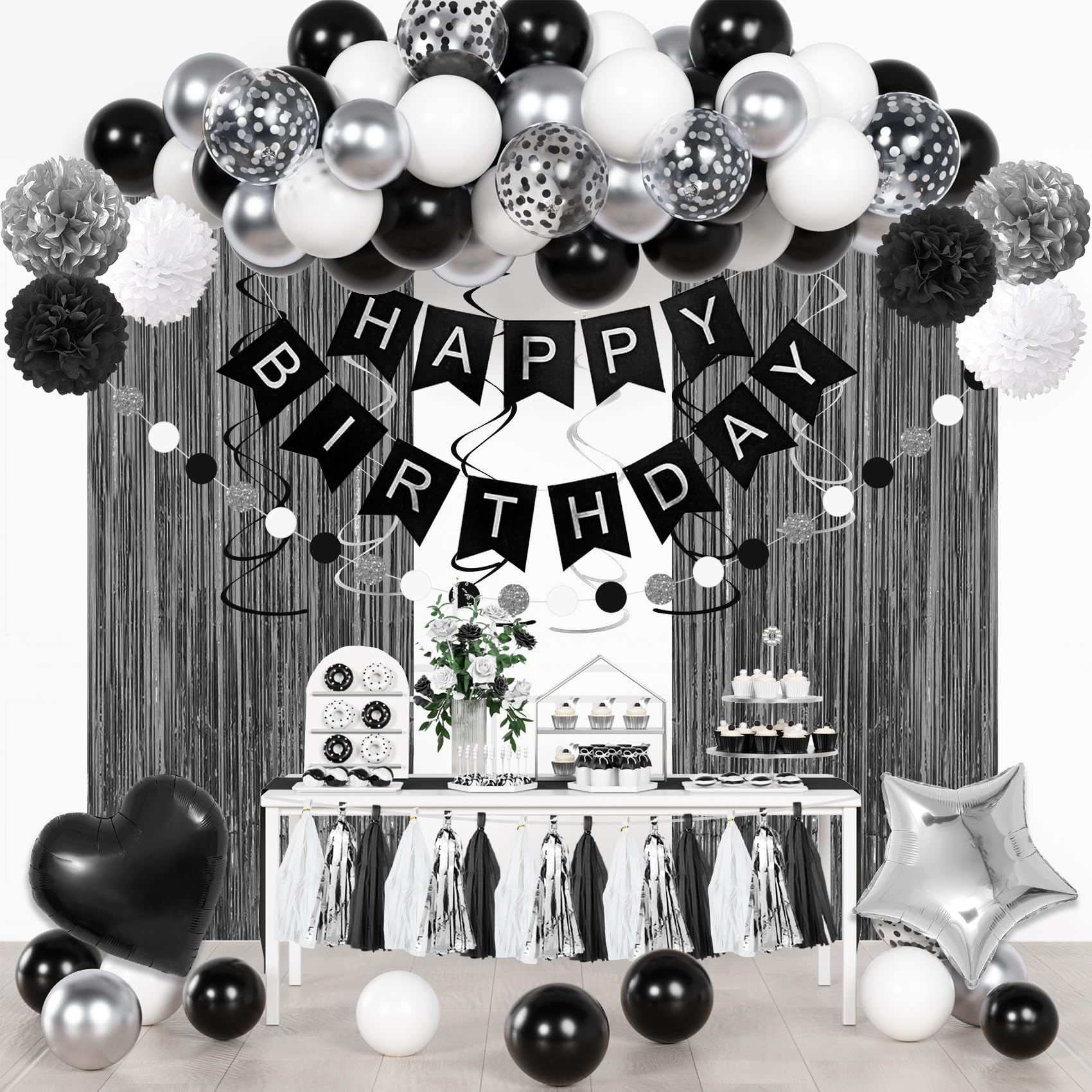 Ouddy Party Black & White Birthday Party Decorations – Balloons, Banner & Curtain Set