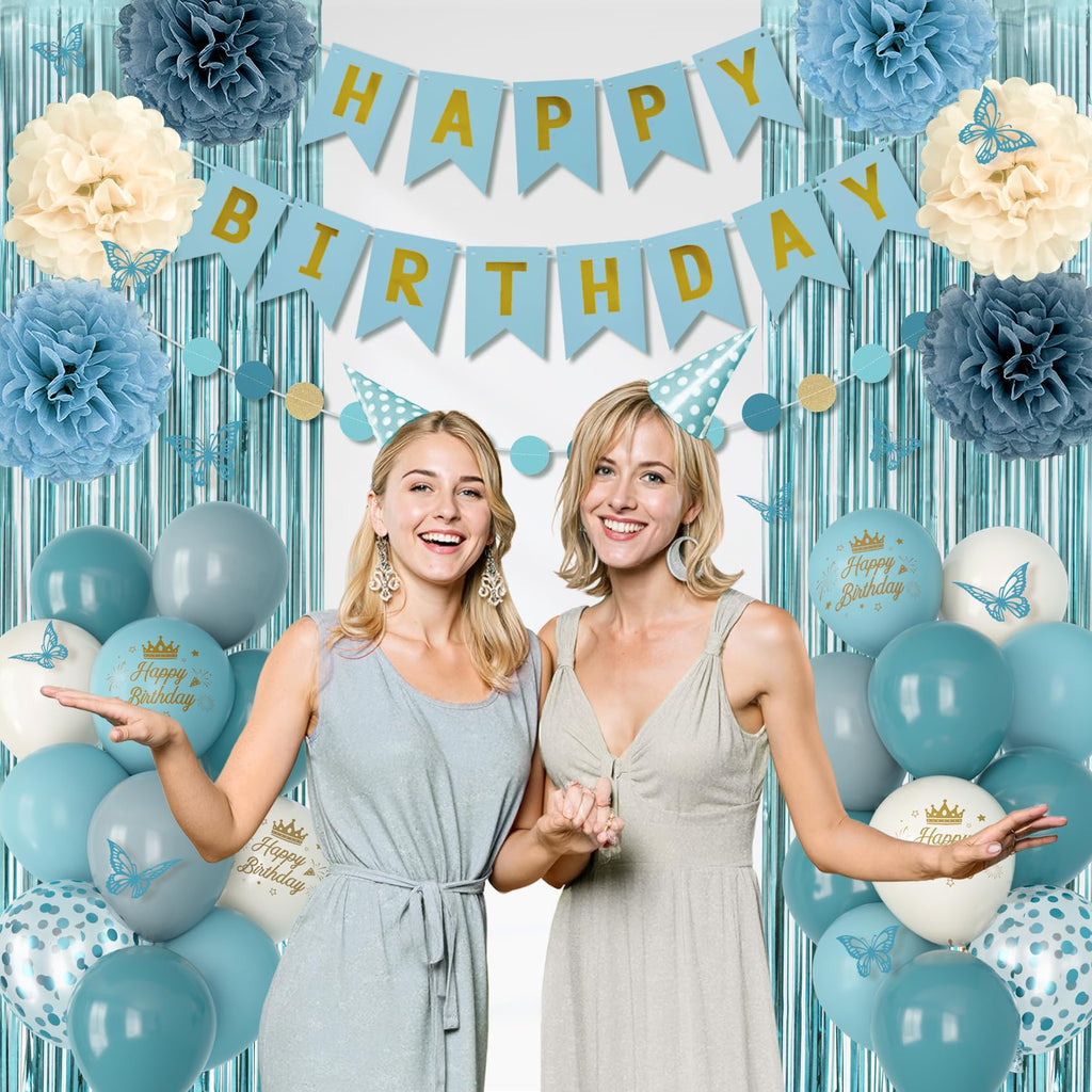 Ouddy Party Blue Birthday Decorations – Confetti Balloons, Fringe Curtain, Banner Kit
