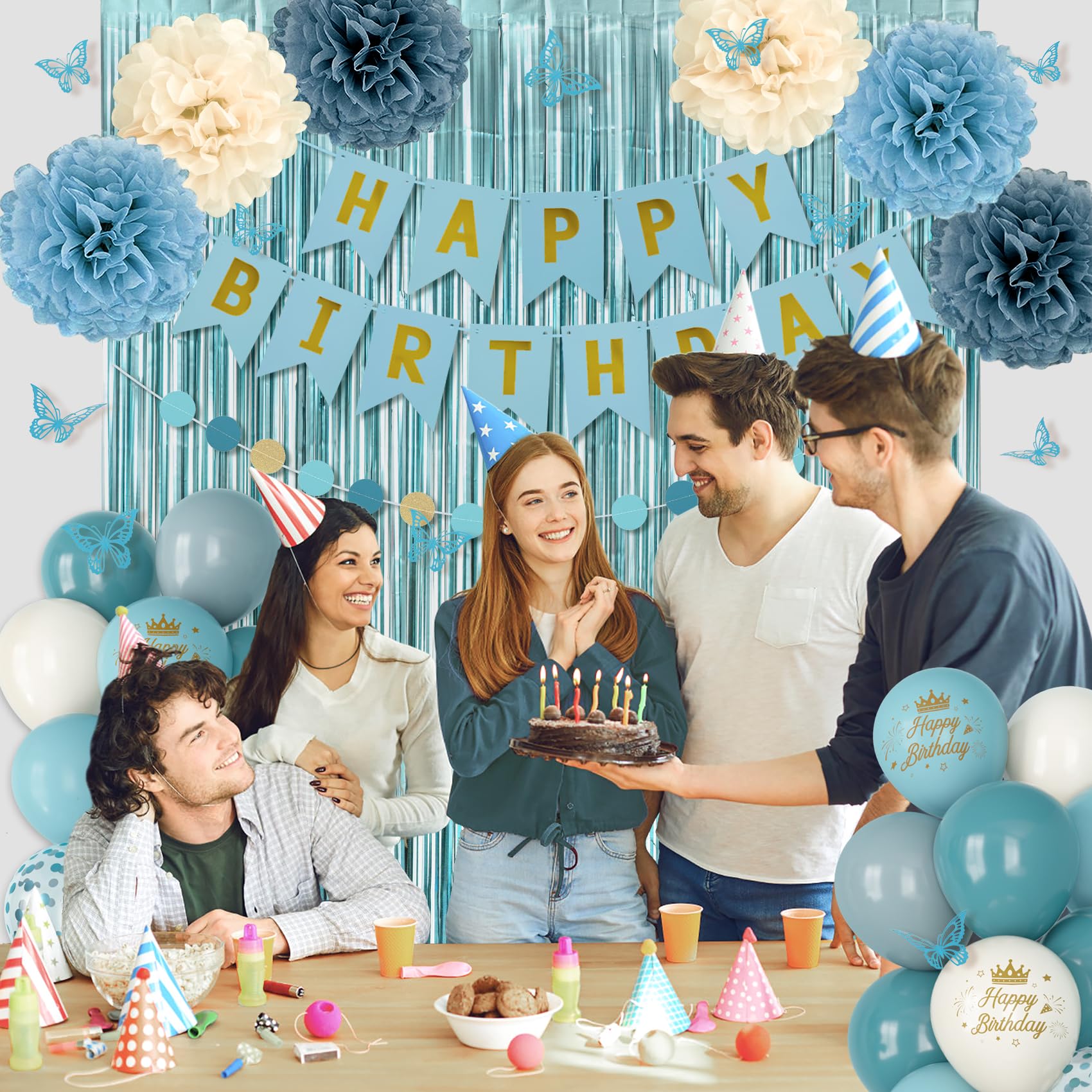 Ouddy Party Blue Birthday Decorations – Confetti Balloons, Fringe Curtain, Banner Kit