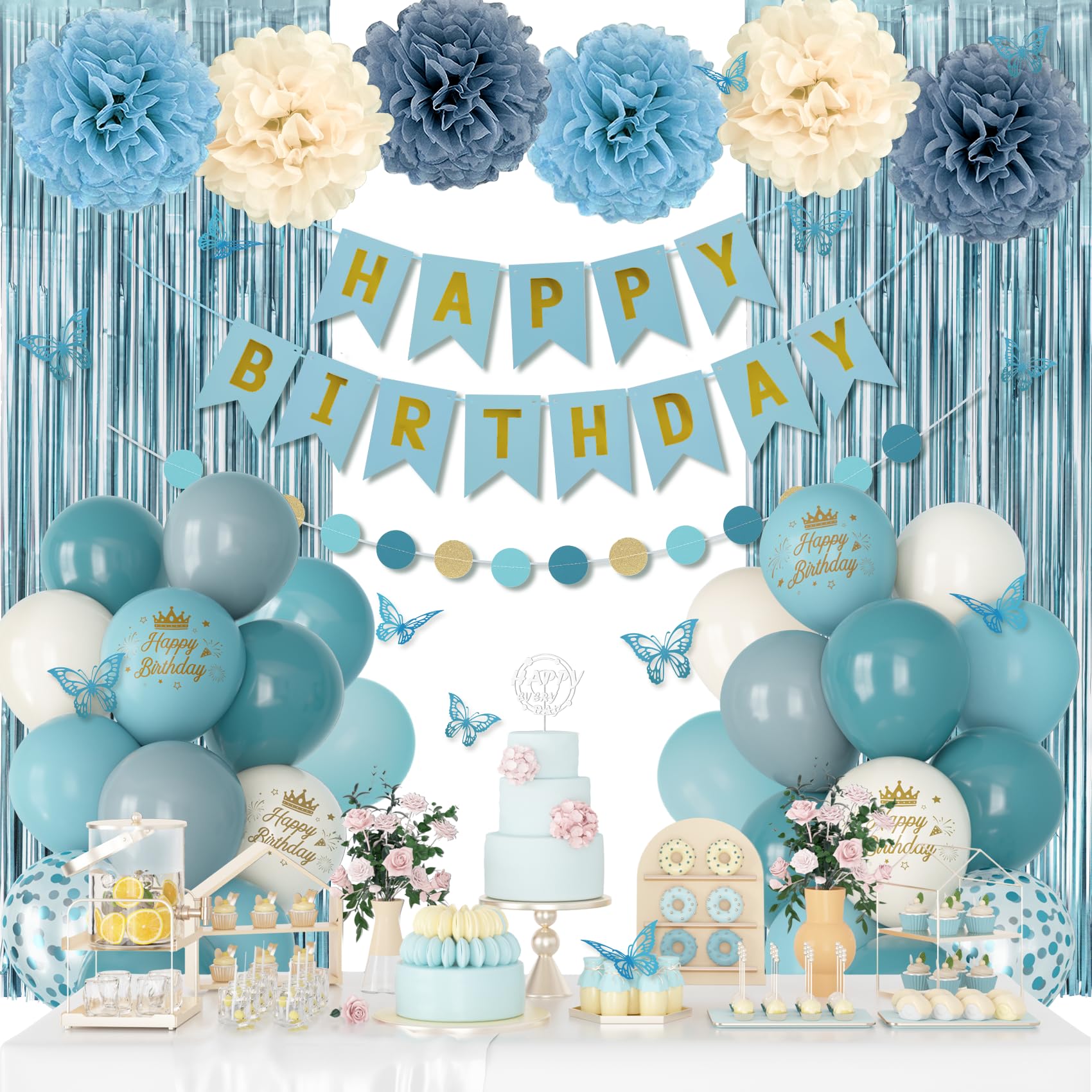 Ouddy Party Blue Birthday Decorations – Confetti Balloons, Fringe Curtain, Banner Kit