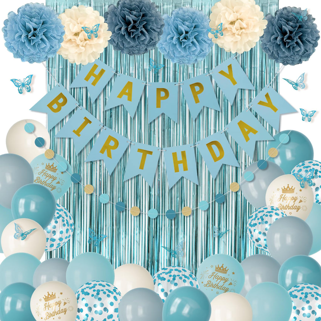 Ouddy Party Blue Birthday Decorations – Confetti Balloons, Fringe Curtain, Banner Kit