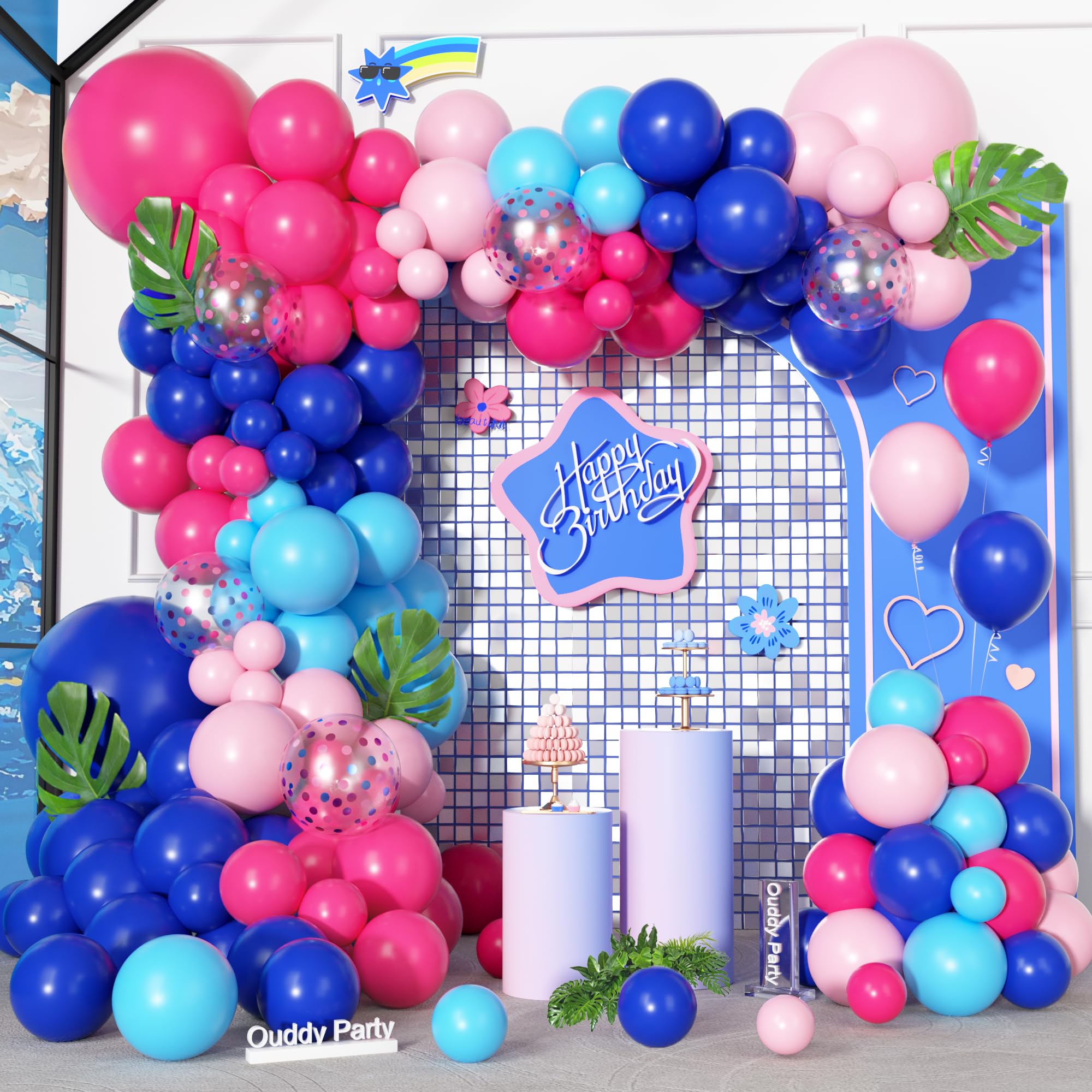 Ouddy Party 170Pcs Blue & Pink Balloons Arch Garland Kit – Royal Blue, Light Blue & Hot Pink Confetti Balloons