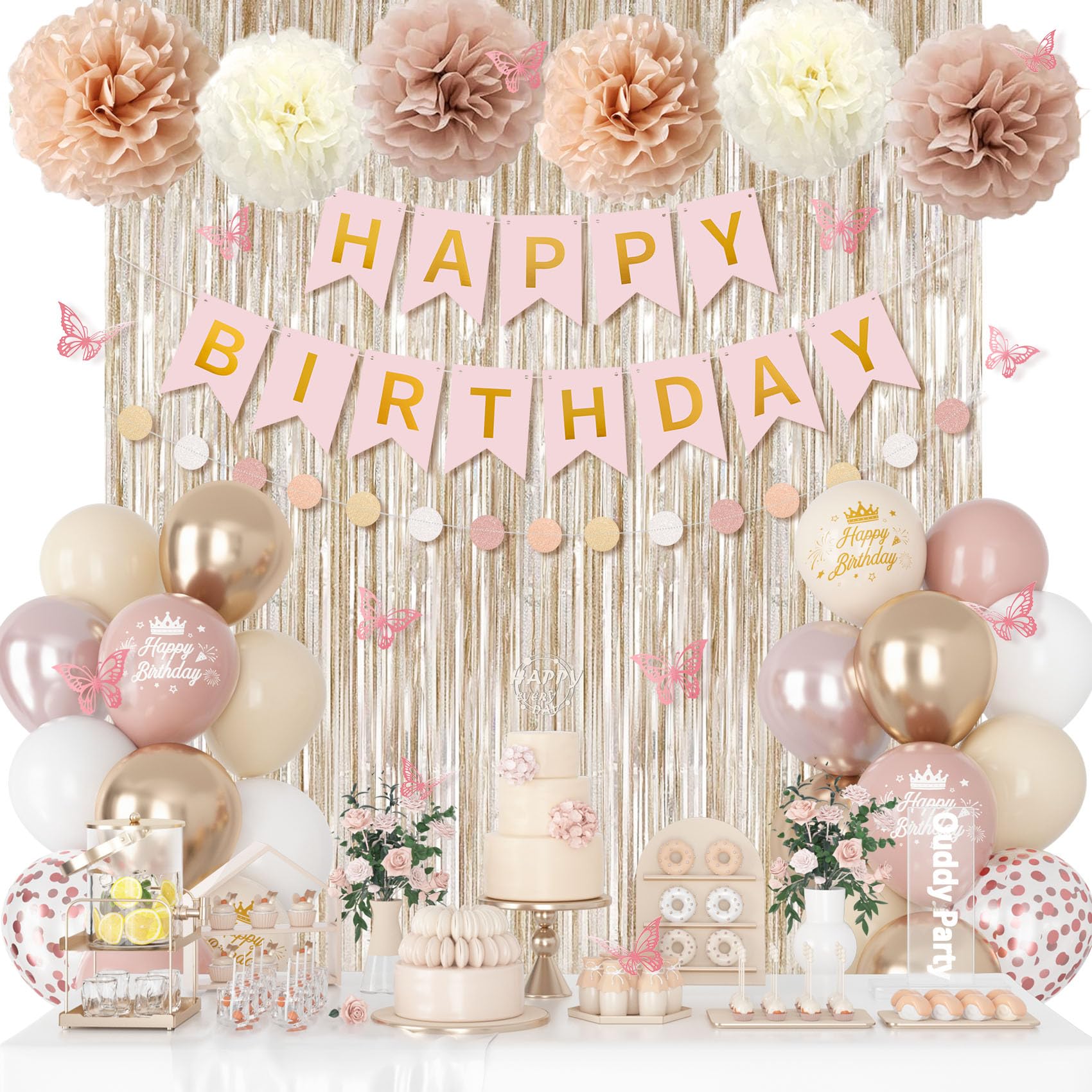 Ouddy Party Boho Dusty Pink Birthday Decorations | Balloons, Fringe Curtain, Banners & Pompoms