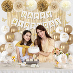 Ouddy Party White & Gold Birthday Decorations Kit — Confetti Balloons, Fringe Curtain, Banners