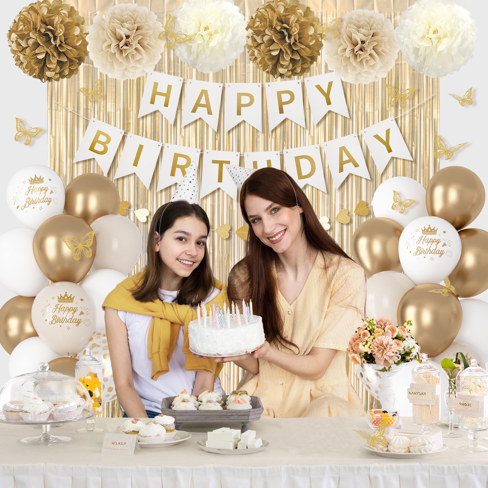 Ouddy Party White & Gold Birthday Decorations Kit — Confetti Balloons, Fringe Curtain, Banners