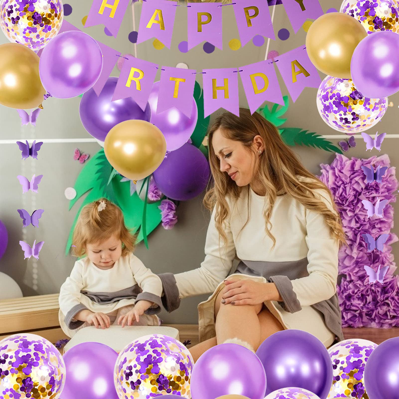 Ouddy Party Purple Birthday Decorations Kit – Butterfly Garland, Banner, Balloons