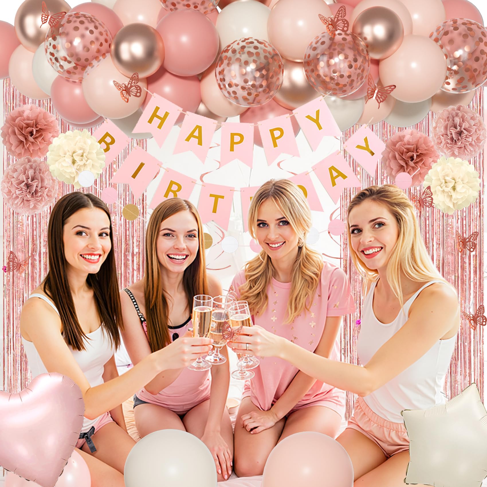 Ouddy Party Pink Birthday Decorations – Dusty Pink & Rose Gold Balloons & Banner Set