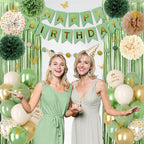 Ouddy Party Sage Green Birthday Decorations – Balloons, Fringe Curtain, Banners & Pompoms