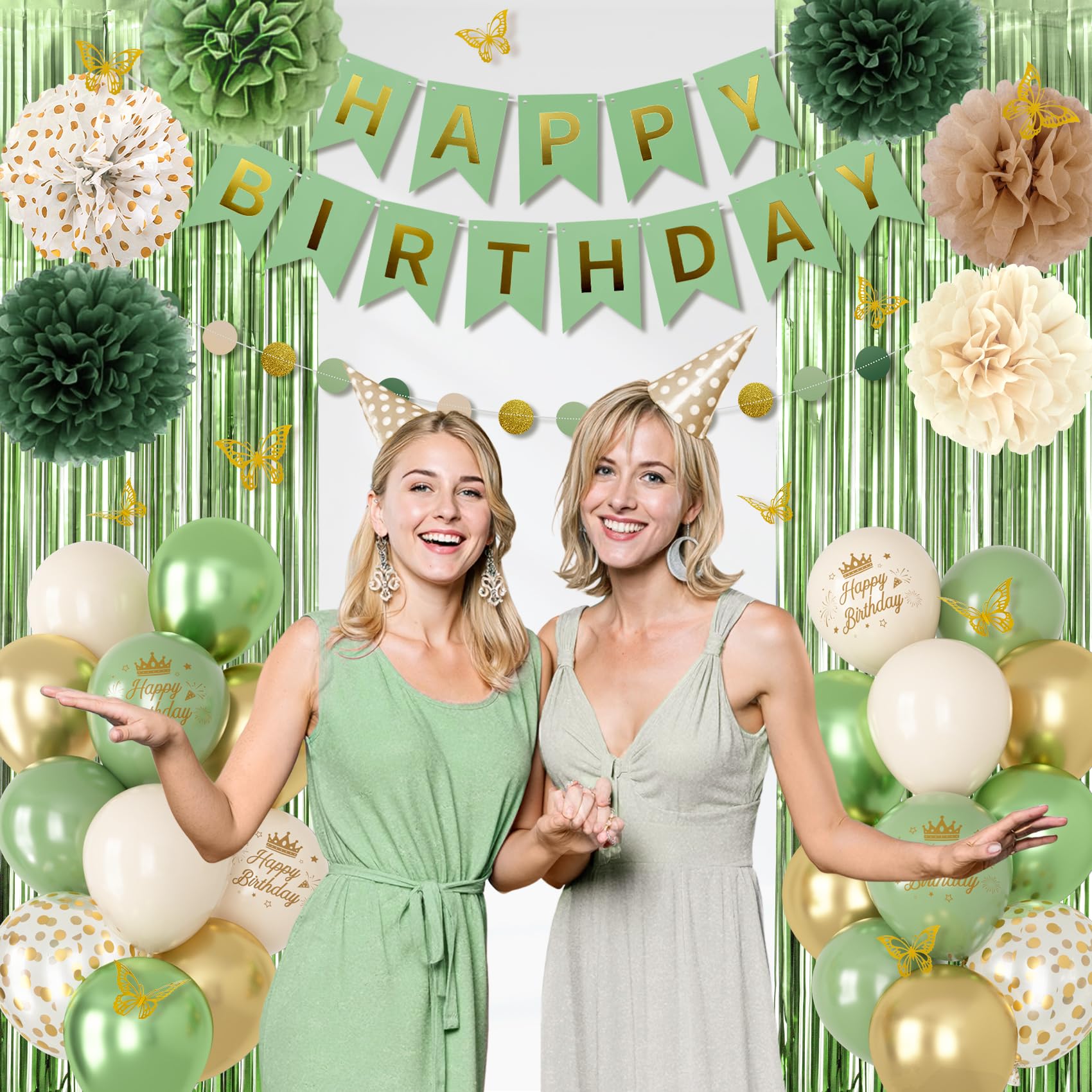 Ouddy Party Sage Green Birthday Decorations – Balloons, Fringe Curtain, Banners & Pompoms