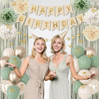 Ouddy Party Sage Green Birthday Decorations – Confetti Balloons, Fringe Curtain & More