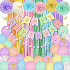 Ouddy Party Pastel Rainbow Birthday Decorations | Confetti Balloons, Fringe Curtain & Banners