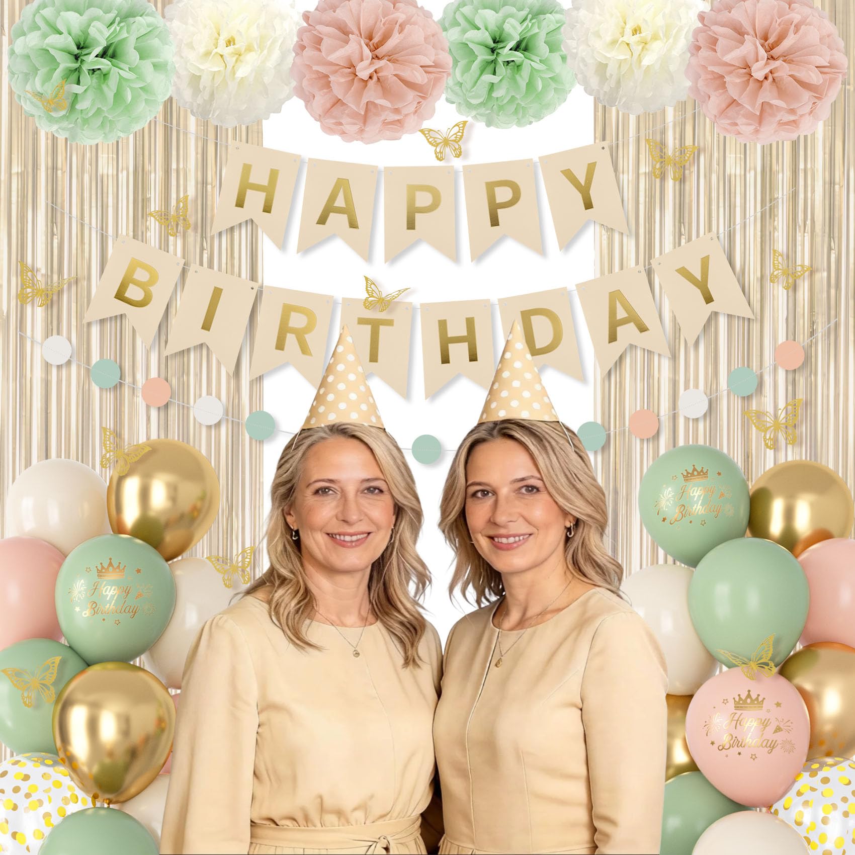 Ouddy Party Pink & Sage Green Birthday Decorations – Balloons & Banners