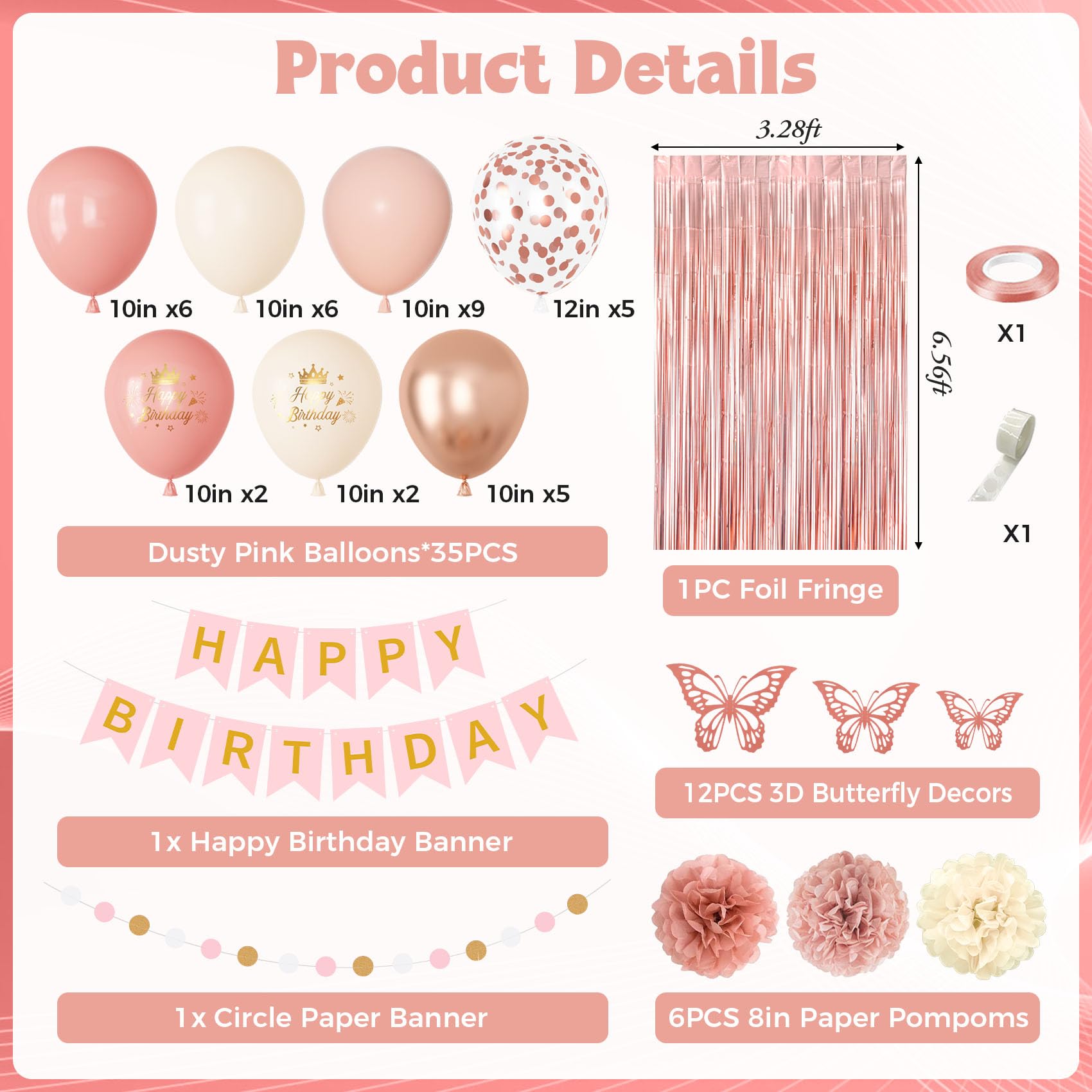 Ouddy Party Pink Decorations for Women & Girls – Dusty Pink Balloons & Rose Gold Fringe