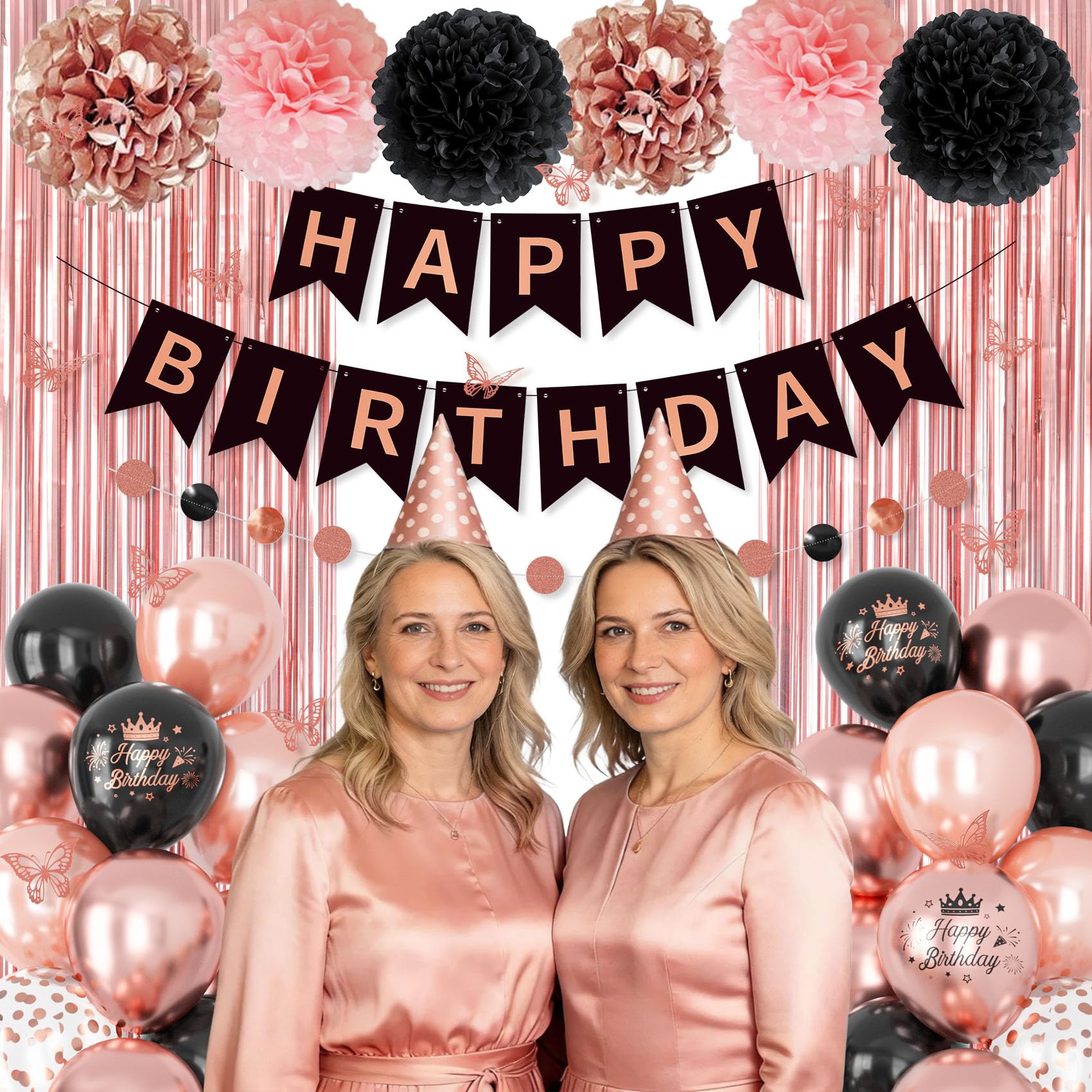 Ouddy Party Rose Gold & Black Birthday Decorations for Women & Girls | Balloons, Banners & Fringe Curtain