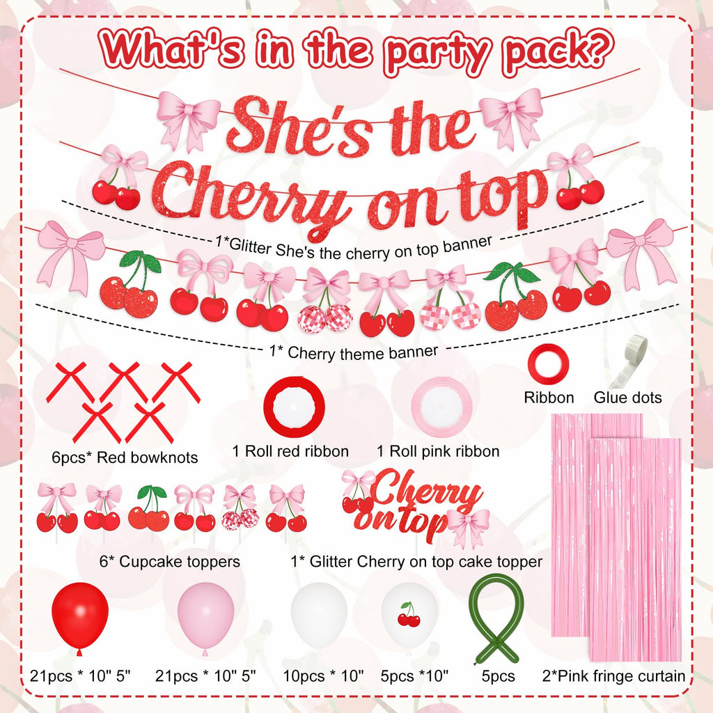 Ouddy Party Cherry Party Decorations – She's The Cherry On Top Banner, Balloons & Toppers