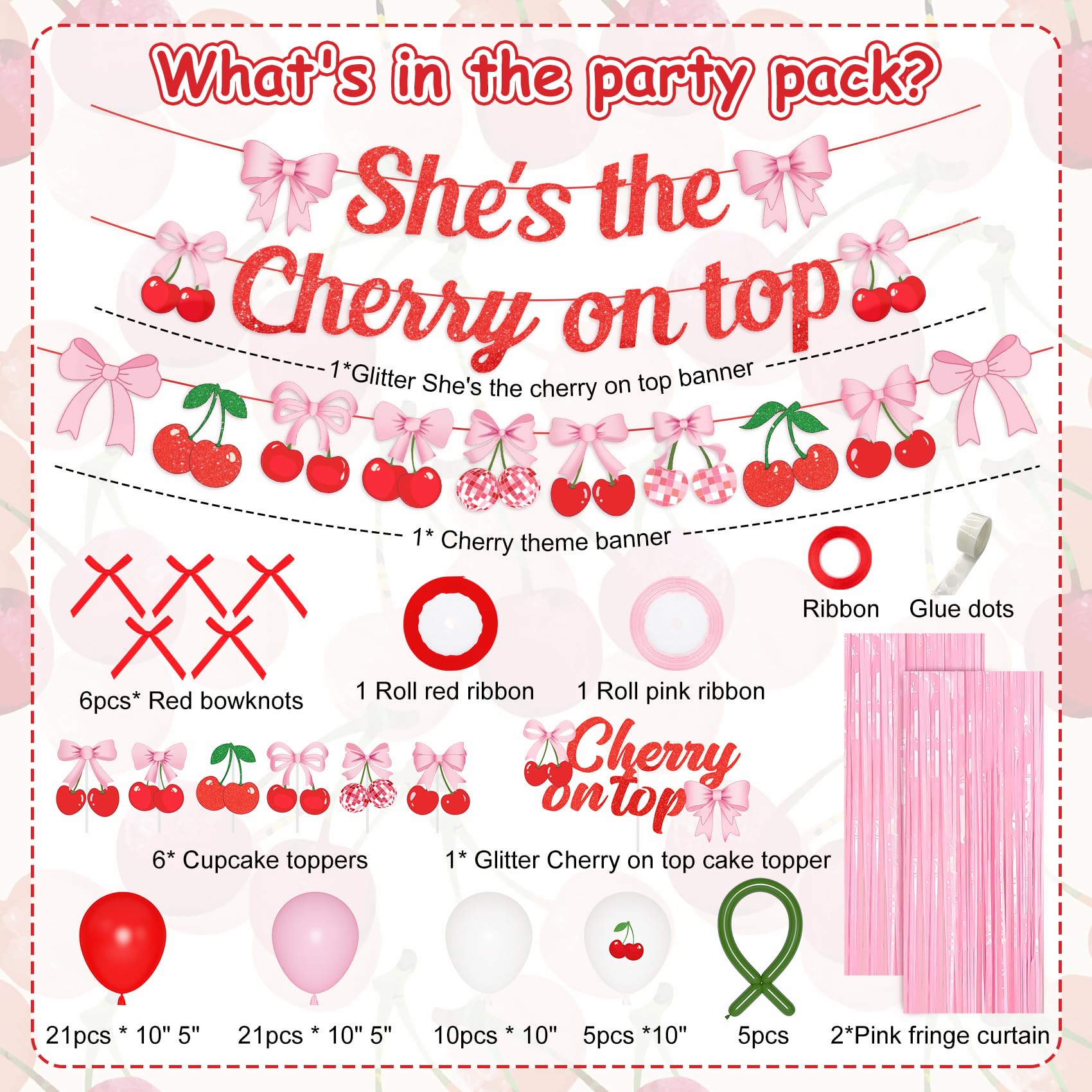 Ouddy Party Cherry Party Decorations – She's The Cherry On Top Banner, Balloons & Toppers