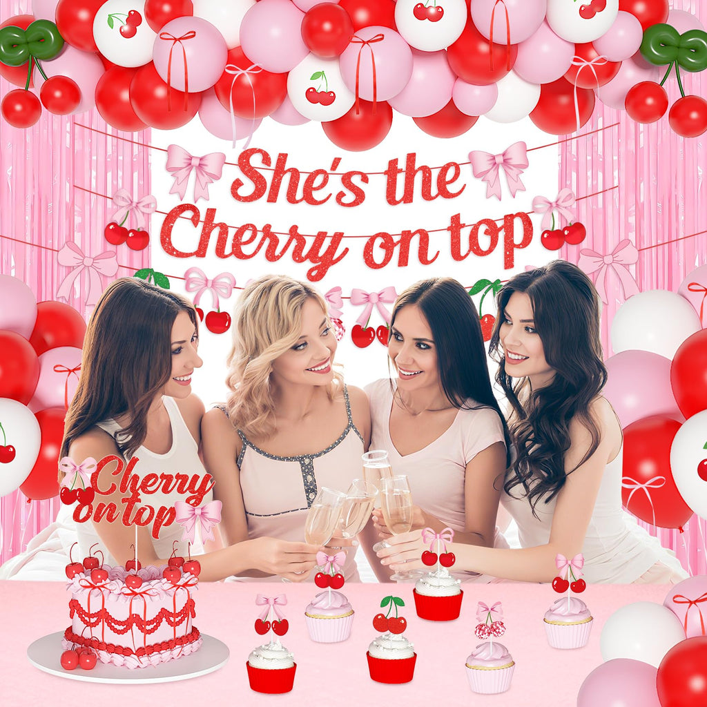 Ouddy Party Cherry Party Decorations – She's The Cherry On Top Banner, Balloons & Toppers