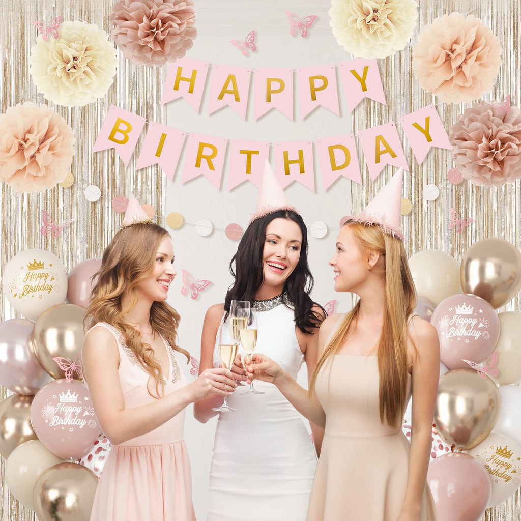 Ouddy Party Boho Dusty Pink Birthday Decorations | Balloons, Fringe Curtain, Banners & Pompoms