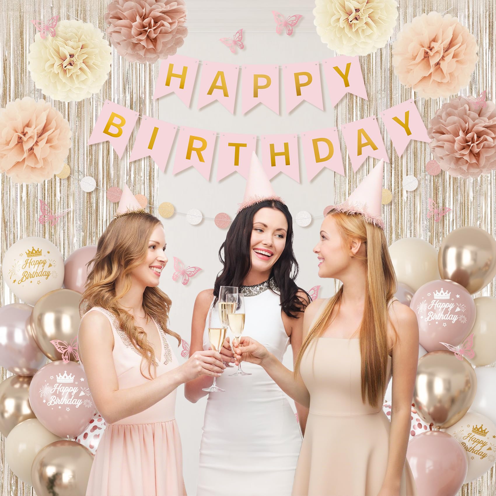Ouddy Party Boho Dusty Pink Birthday Decorations | Balloons, Fringe Curtain, Banners & Pompoms