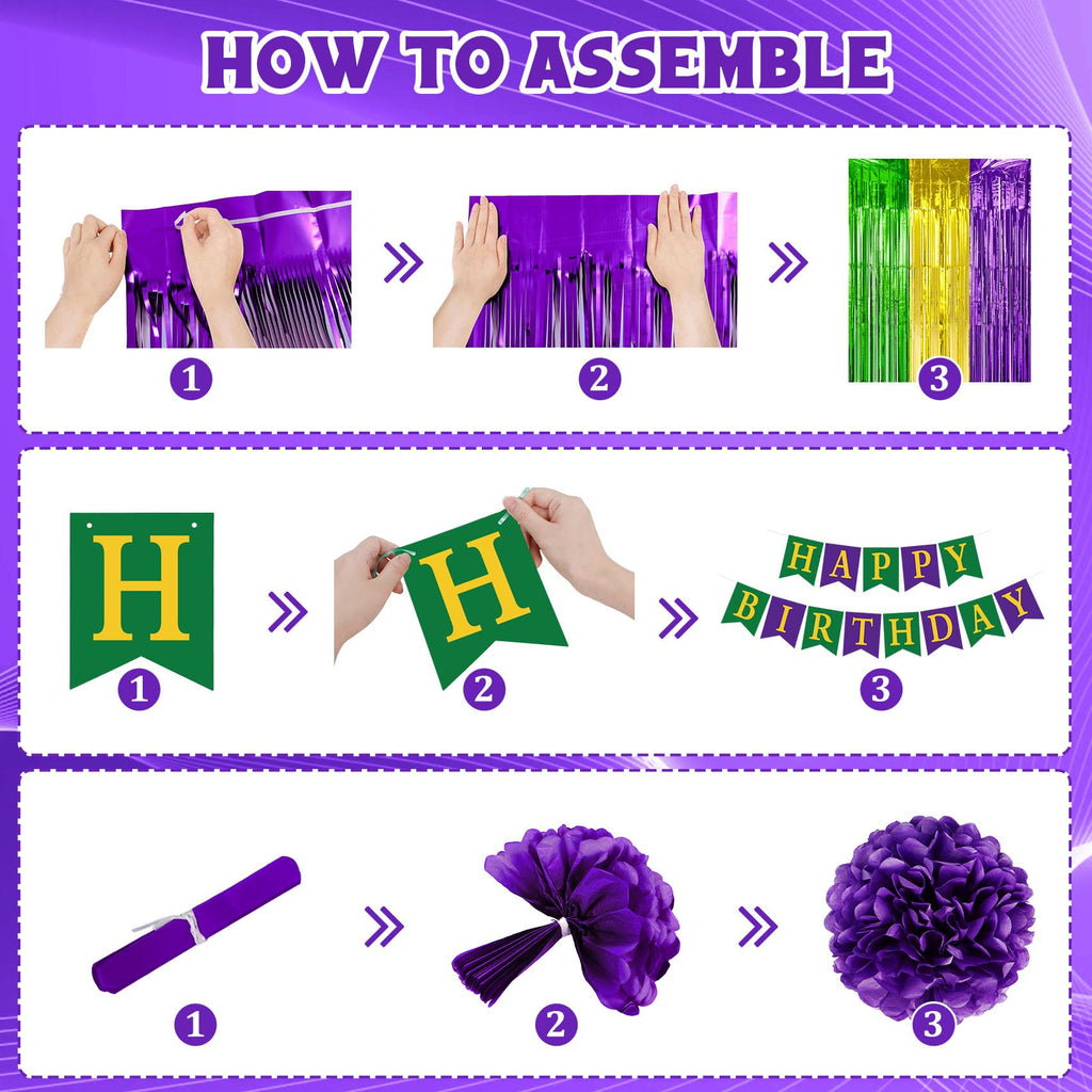 Ouddy Party Purple Green Decor Set – Confetti Balloons, Fringe Curtain & Birthday Banner