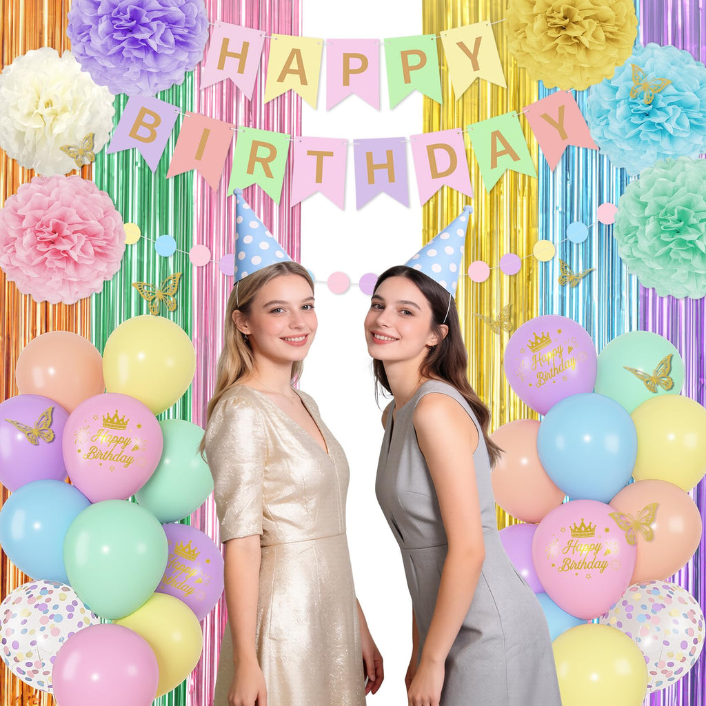 Ouddy Party Pastel Rainbow Birthday Decorations | Confetti Balloons, Fringe Curtain & Banners