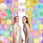 Ouddy Party Pastel Rainbow Birthday Decorations | Confetti Balloons, Fringe Curtain & Banners