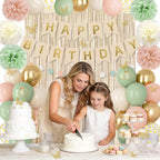 Ouddy Party Pink & Sage Green Birthday Decorations – Balloons & Banners