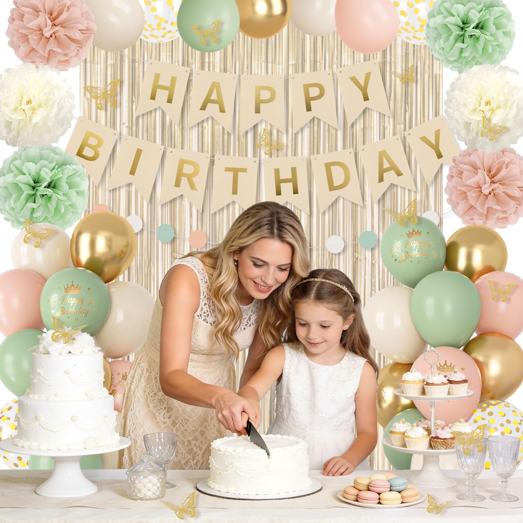 Ouddy Party Pink & Sage Green Birthday Decorations – Balloons & Banners